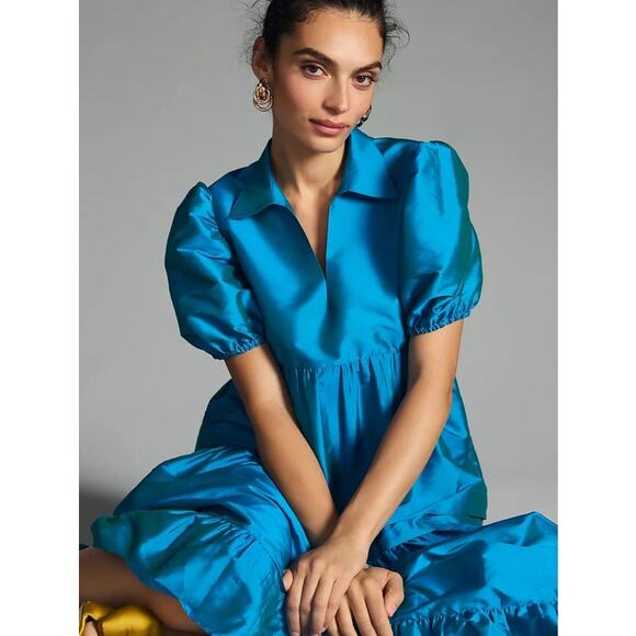 Dhruv Kapoor Puff Sleeve Midi Dress XXS Blue Metallic Tiered Pockets Cocktail - Picture 2 of 14